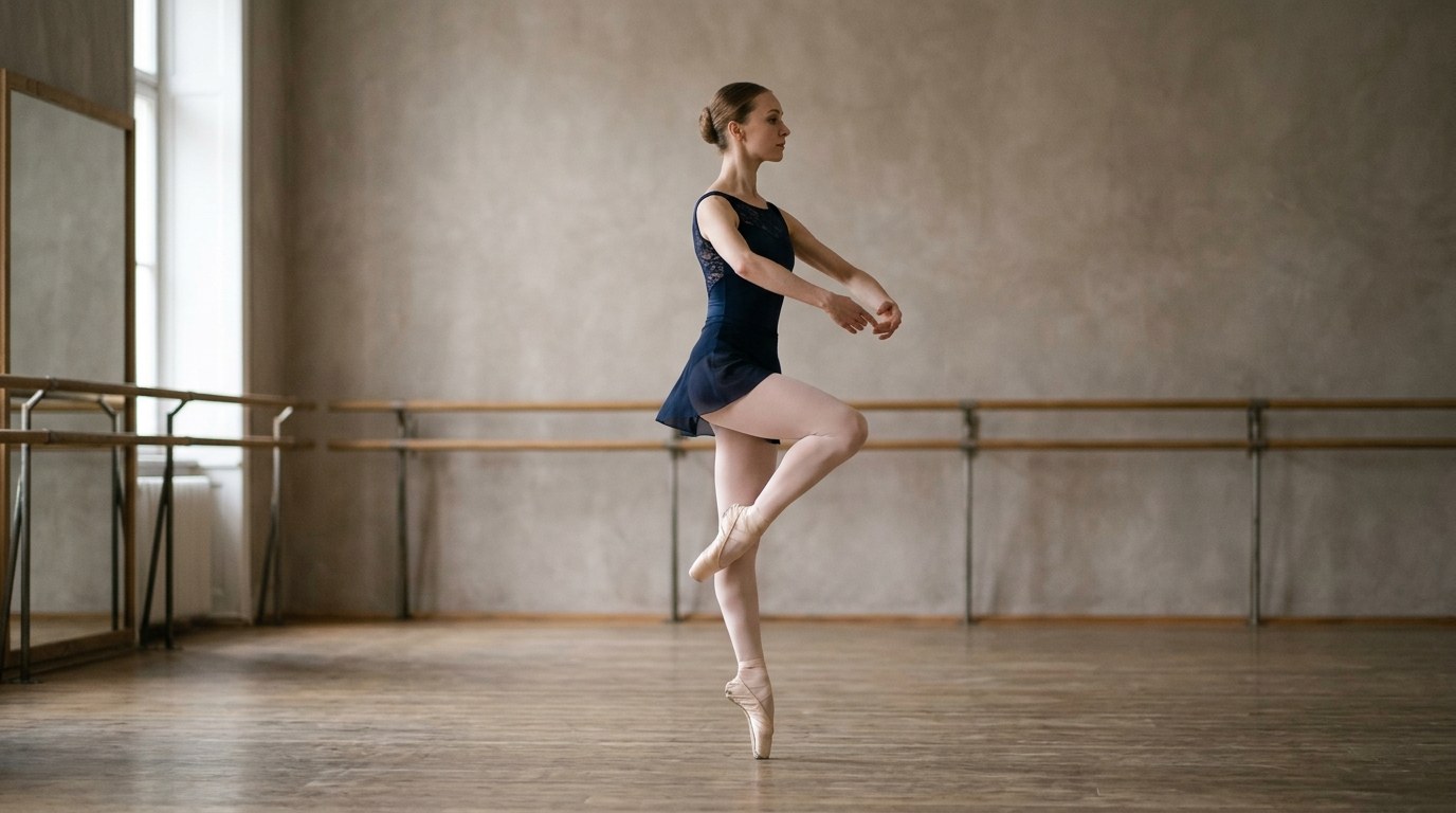 A dancer demonstrating Emboîté (Fitted step)