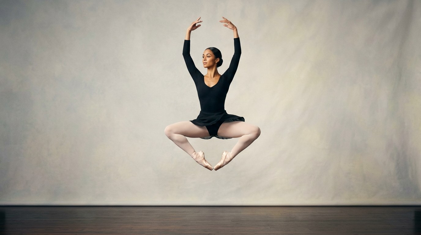A dancer demonstrating Grand pas de chat (Large cat step)